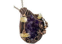 Load image into Gallery viewer, HUGE Amethyst Druzy Pendant with Citrine Nuggets: Copper Wire-Wrapped Geode Jewelry