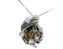 Load image into Gallery viewer, Ammonite Fossil Pendant with Aquamarine: Sterling Silver Wire Wrapped Shell Necklace - Heather Jordan Jewelry