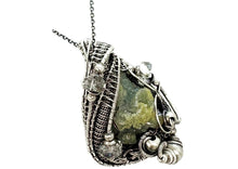 Load image into Gallery viewer, UV-Fluorescent Zincite Druzy Pendant: Sterling Silver Wire-Wrap with Herkimer Diamonds
