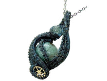 Load image into Gallery viewer, Steampunk Verdigris Hemo Jasper Pendant, Wire-Wrapped in Brass with Green Apatite