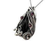 Load image into Gallery viewer, Twinned Vivianite Crystal Pendant with Watch Gears and Rhodolite Garnet : Sterling Silver Wire-Wrap, Gothic Crystal Jewelry