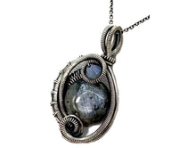 Load image into Gallery viewer, Larvikite Wire-Wrapped Pendant in Sterling Silver with Swarovski Crystal, "Mini-Woven Circle" Model