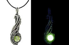 Load image into Gallery viewer, UV-Reactive Glass Pendant, Sterling Silver Wire Wrap, "Comet" Model