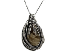 Load image into Gallery viewer, Petoskey Stone and Aquamarine Necklace - Sterling Silver Wire Wrapped Michigan Fossil Pendant - Heather Jordan Jewelry