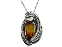 Load image into Gallery viewer, Baltic Amber Pendant with Ethiopian Opals and Two Mosquitos, Wire-Wrapped Sterling Silver Necklace
