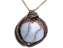Load image into Gallery viewer, Blue Agate Slice Pendant with Rainbow Moonstone, Bronze Wire Wrap - Heather Jordan Jewelry