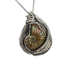Load image into Gallery viewer, Opalized Ammonite Fossil Pendant: Sterling Silver Wire Wrap with Ethiopian Opals