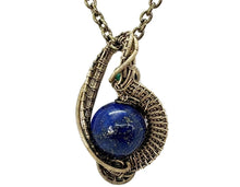 Load image into Gallery viewer, Steampunk Lapis Lazuli Pendant, Wire-Wrapped in Brass with Turquoise