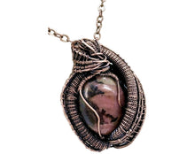 Load image into Gallery viewer, Rhodonite Wire Wrapped Pendant in Bronze with Rainbow Moonstone - Heather Jordan Jewelry