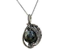 Load image into Gallery viewer, Larvikite Wire-Wrapped Pendant in Sterling Silver with Swarovski Crystal, "Mini-Woven Circle" Model
