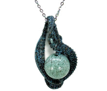 Load image into Gallery viewer, Steampunk Verdigris Hemo Jasper Pendant, Wire-Wrapped in Brass with Green Apatite