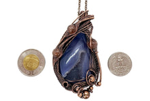 Load image into Gallery viewer, HUGE Blue Geode Pendant with Sunstone: Copper Wire-Wrapped Druzy Jewelry