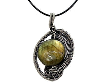 Load image into Gallery viewer, Labradorite Woven Circle Steampunk Pendant in Sterling Silver with Rainbow Moonstone