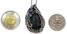 Load image into Gallery viewer, Trilobite Fossil Pendant: Blue Kyanite and Sterling Silver Wire Wrap