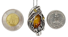 Load image into Gallery viewer, Baltic Amber Pendant with Ethiopian Opals and Two Mosquitos, Wire-Wrapped Sterling Silver Necklace