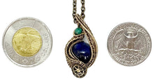 Load image into Gallery viewer, Steampunk Lapis Lazuli Pendant, Wire-Wrapped in Brass with Turquoise