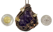 Load image into Gallery viewer, HUGE Amethyst Druzy Pendant with Citrine Nuggets: Copper Wire-Wrapped Geode Jewelry