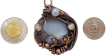 Load image into Gallery viewer, Blue Agate Slice Pendant with Rainbow Moonstone, Bronze Wire Wrap - Heather Jordan Jewelry