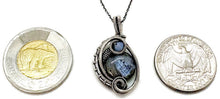 Load image into Gallery viewer, Larvikite Wire-Wrapped Pendant in Sterling Silver with Swarovski Crystal, "Mini-Woven Circle" Model