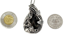 Load image into Gallery viewer, UV-Fluorescent, Black Rose Fluorite Pendant with Herkimer Diamonds: Sterling silver wire wrap