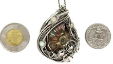 Load image into Gallery viewer, Opalized Ammonite Fossil Pendant: Sterling Silver Wire Wrap with Ethiopian Opals