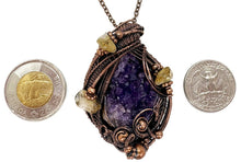 Load image into Gallery viewer, Amethyst Druzy Pendant with Citrine Nuggets: Copper Wire-Wrapped Geode Jewelry - Heather Jordan Jewelry