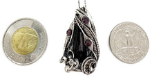 Load image into Gallery viewer, Twinned Vivianite Crystal Pendant with Watch Gears and Rhodolite Garnet : Sterling Silver Wire-Wrap, Gothic Crystal Jewelry