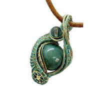 Load image into Gallery viewer, Verdigris Gemstone Steampunk Pendant: Brass Wire Wrap, Swirl Model
