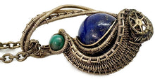 Load image into Gallery viewer, Steampunk Lapis Lazuli Pendant, Wire-Wrapped in Brass with Turquoise