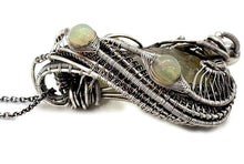 Load image into Gallery viewer, Libyan Desert Glass and Ethiopian Welo Opal Pendant - Sterling Silver Wire-Wrapped Tektite Jewelry - Heather Jordan Jewelry