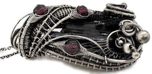 Load image into Gallery viewer, Twinned Vivianite Crystal Pendant with Watch Gears and Rhodolite Garnet : Sterling Silver Wire-Wrap, Gothic Crystal Jewelry