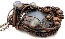 Load image into Gallery viewer, Blue Agate Slice Pendant with Rainbow Moonstone, Bronze Wire Wrap - Heather Jordan Jewelry