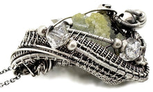 Load image into Gallery viewer, UV-Fluorescent Zincite Druzy Pendant: Sterling Silver Wire-Wrap with Herkimer Diamonds
