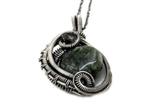 Load image into Gallery viewer, Seraphinite Wire-Wrapped Pendant in Sterling Silver with Swarovski Crystal, "Mini-Woven Circle" Model