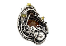 Load image into Gallery viewer, Baltic Amber Pendant with Ethiopian Opals and Two Mosquitos, Wire-Wrapped Sterling Silver Necklace