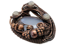Load image into Gallery viewer, Blue Agate Slice Pendant with Rainbow Moonstone, Bronze Wire Wrap - Heather Jordan Jewelry