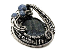 Load image into Gallery viewer, Trilobite Fossil Pendant: Blue Kyanite and Sterling Silver Wire Wrap