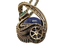 Load image into Gallery viewer, Steampunk Lapis Lazuli Pendant, Wire-Wrapped in Brass with Turquoise
