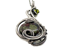 Load image into Gallery viewer, Dragon Bloodstone Pendant with Swarovski Crystal, Sterling Silver Wire Wrap