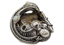 Load image into Gallery viewer, Opalized Ammonite Fossil Pendant: Sterling Silver Wire Wrap with Ethiopian Opals