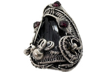 Load image into Gallery viewer, Twinned Vivianite Crystal Pendant with Watch Gears and Rhodolite Garnet : Sterling Silver Wire-Wrap, Gothic Crystal Jewelry