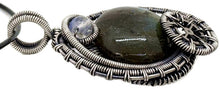 Load image into Gallery viewer, Labradorite Woven Circle Steampunk Pendant in Sterling Silver with Rainbow Moonstone