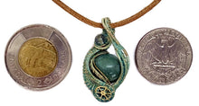 Load image into Gallery viewer, Verdigris Gemstone Steampunk Pendant: Brass Wire Wrap, Swirl Model