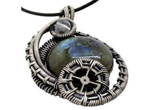 Load image into Gallery viewer, Labradorite Woven Circle Steampunk Pendant in Sterling Silver with Rainbow Moonstone