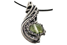 Load image into Gallery viewer, UV-Reactive Glass Pendant, Sterling Silver Wire Wrap, "Comet" Model