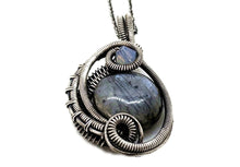 Load image into Gallery viewer, Larvikite Wire-Wrapped Pendant in Sterling Silver with Swarovski Crystal, "Mini-Woven Circle" Model