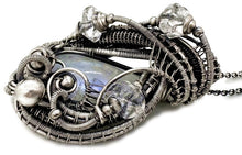 Load image into Gallery viewer, Rainbow Moonstone Pendant with Herkimer Diamonds, Sterling Silver Wire Wrap - Heather Jordan Jewelry