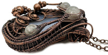 Load image into Gallery viewer, Blue Agate Slice Pendant with Rainbow Moonstone, Bronze Wire Wrap - Heather Jordan Jewelry