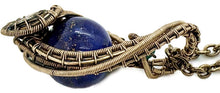 Load image into Gallery viewer, Steampunk Lapis Lazuli Pendant, Wire-Wrapped in Brass with Turquoise