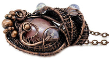 Load image into Gallery viewer, Rhodonite Wire Wrapped Pendant in Bronze with Rainbow Moonstone - Heather Jordan Jewelry